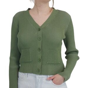 Anthropologie All:Row Army Green V-Neck Cropped Long Sleeve Cardigan Size S